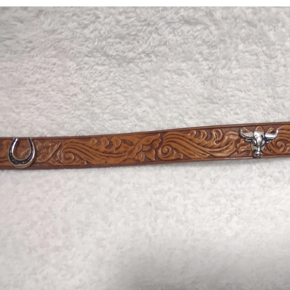 Justin Western Leather Belt Silver Bull Boot Horseshoe Buckle Tooling Size 32